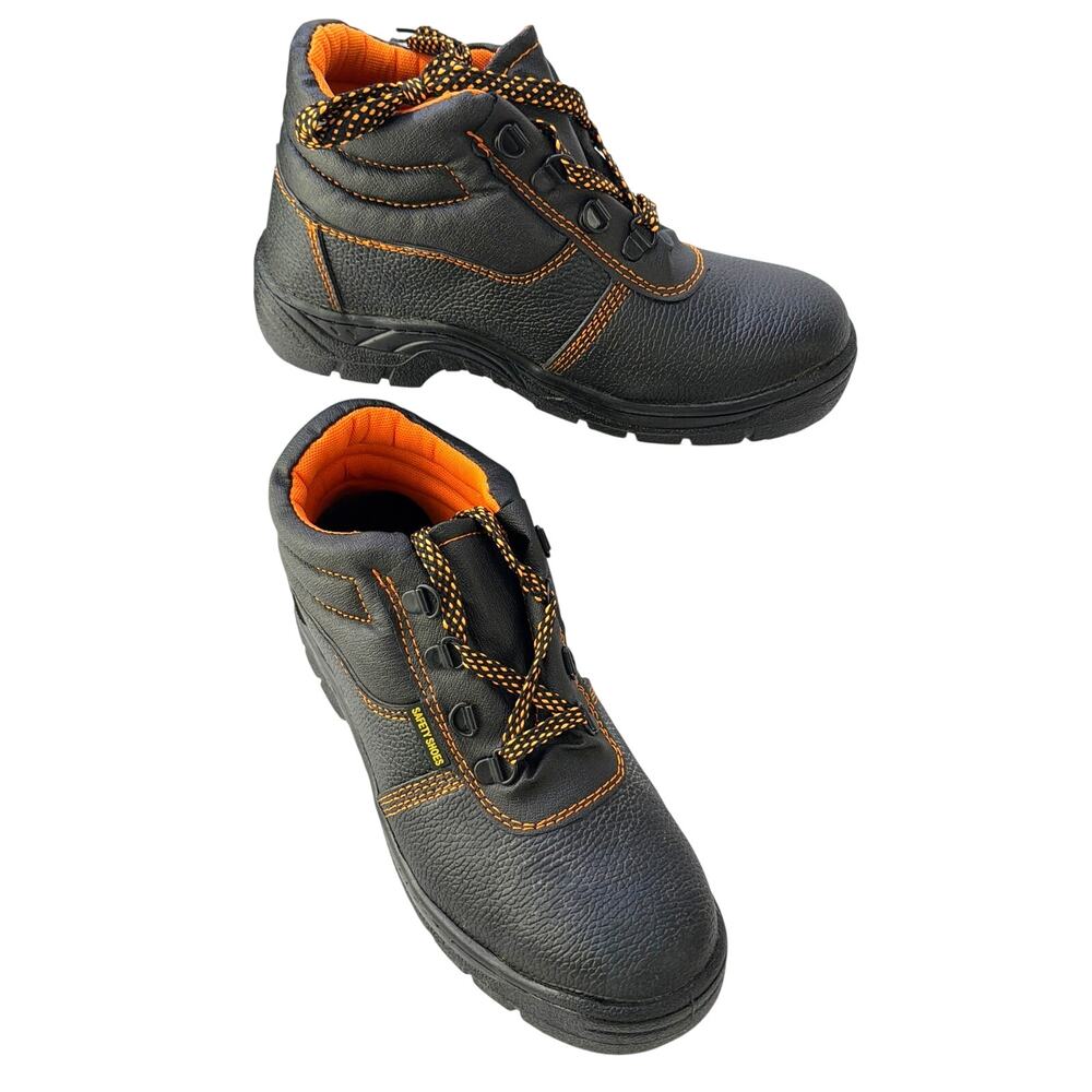 Safety Steel Toe Men Work Boots Black Orange Padded Collar Anti Slip NIB 40/ 7.5